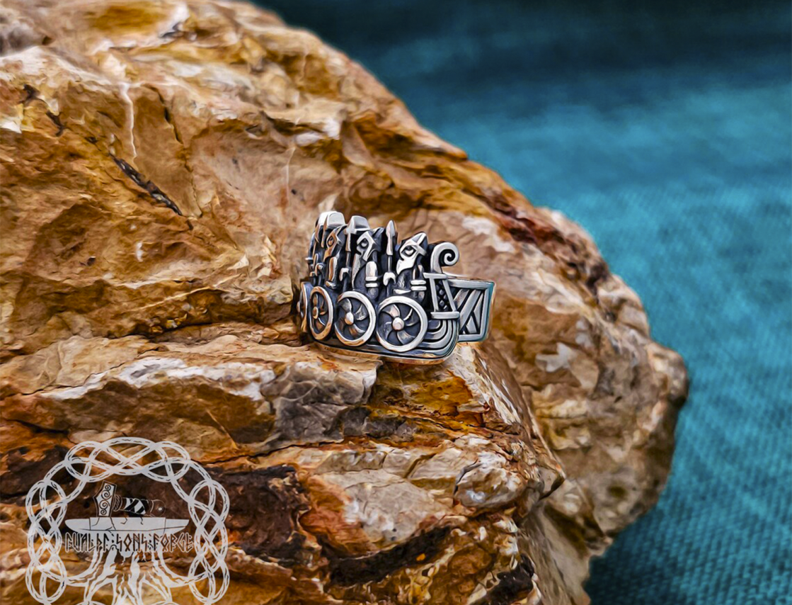 Handcrafted Sterling Silver Viking Longship Ring. Norse Drakkar Jewelry.