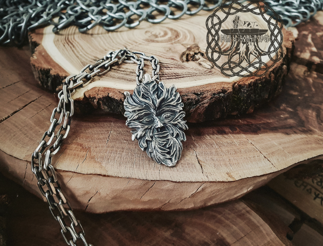 Sterling Silver Green Man Pendant. Handmade Celtic Necklace.