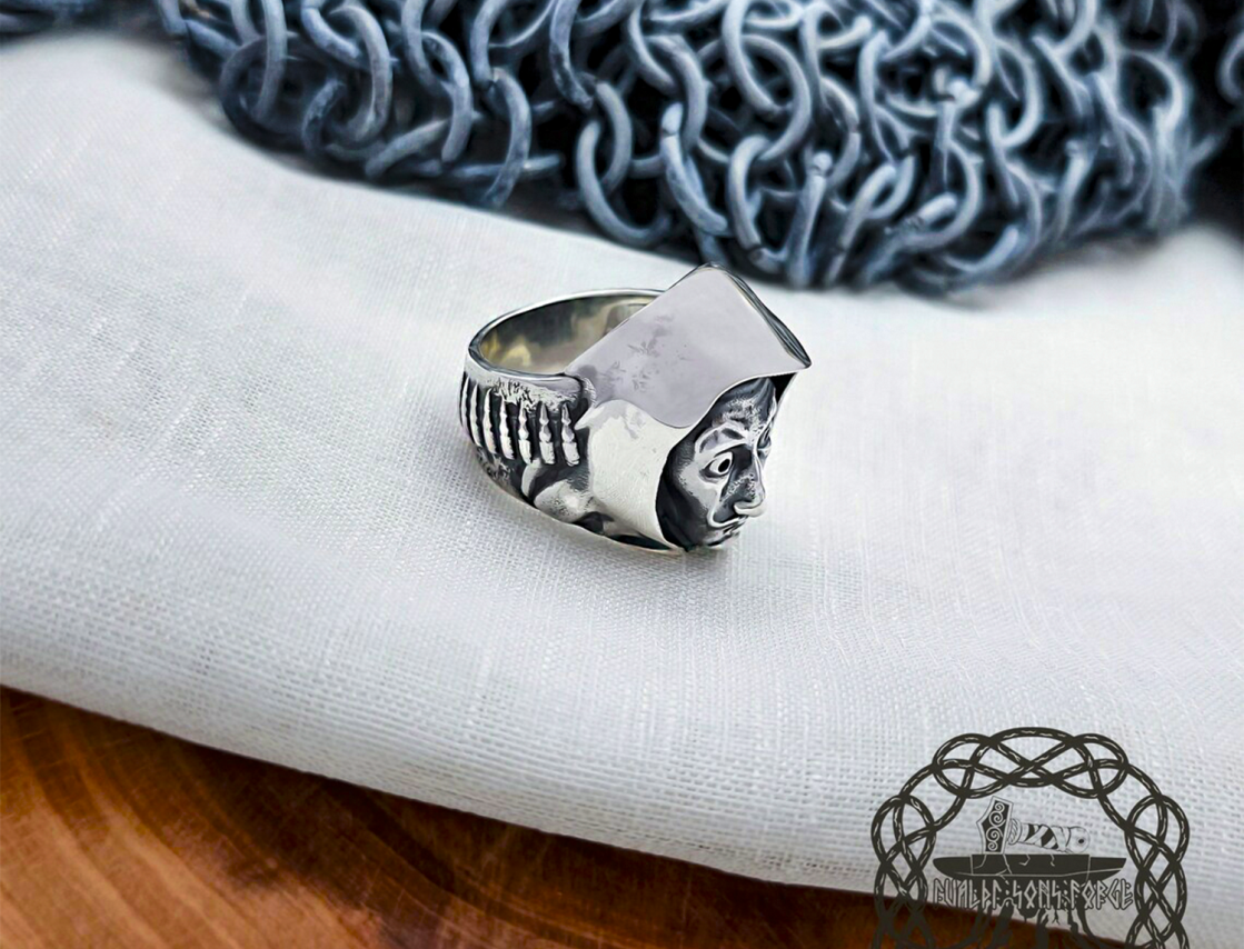 Sterling Silver Salvador Dali Ring. Hooded Design with Bandolier.