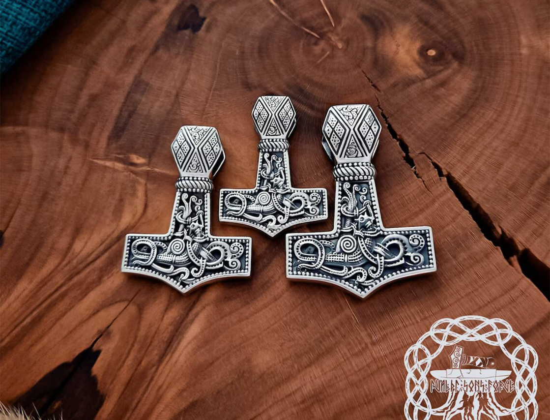 Sterling Silver Mammen Mjolnir Necklace. Handmade Viking Thor Hammer Pendant.
