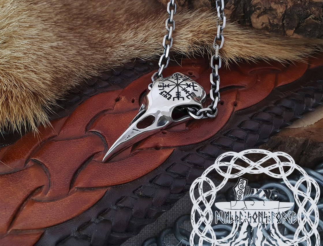 Sterling Silver Viking Raven Skull Pendant. Handmade Norse Necklace.