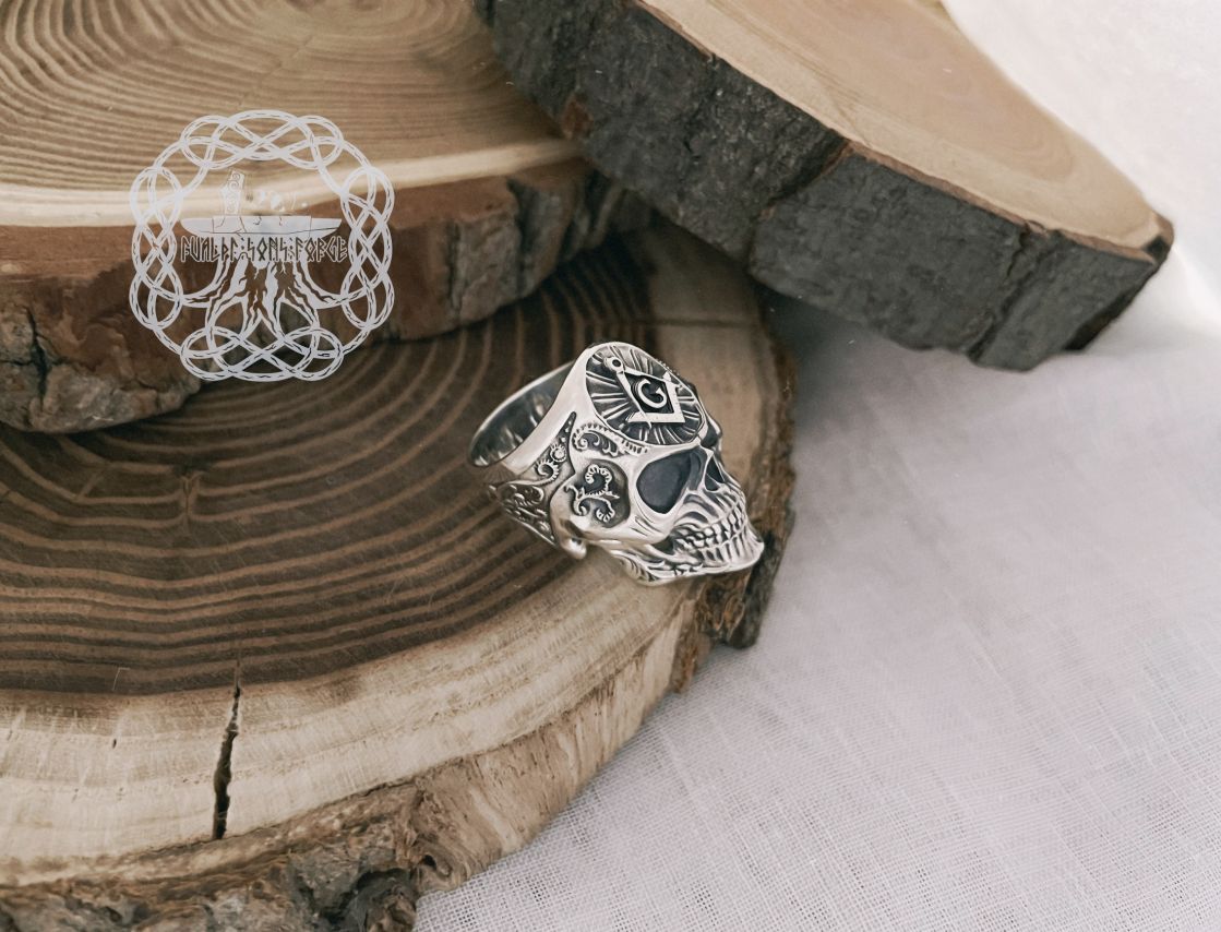 Handmade Sterling Silver Masonic Skull Ring. Freemason Biker Jewelry.