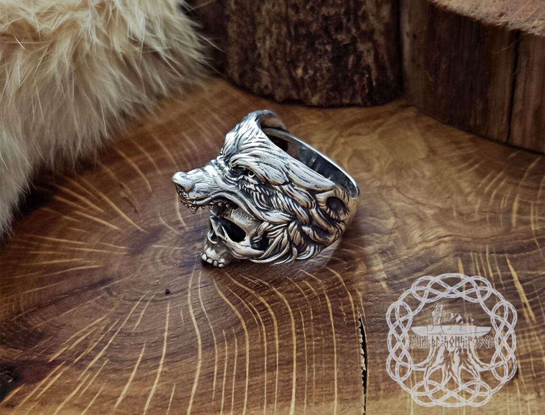 Handmade Viking Wolf Skull Ring. Sterling Silver Ulfhednar Jewelry.