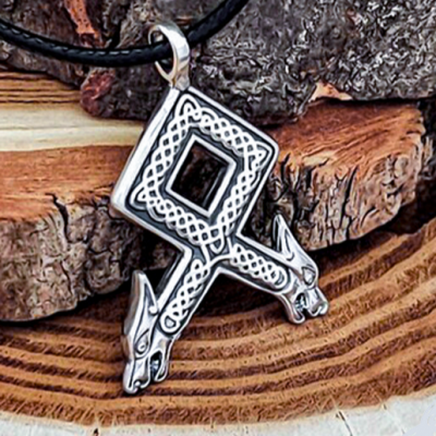 Handmade Sterling Silver Othala Rune Pendant. Viking Wolf Necklace.