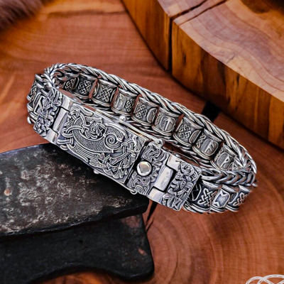 Sterling Silver Rune Bracelet with Cammin Casket Design. Handmade Viking Arm Ring.