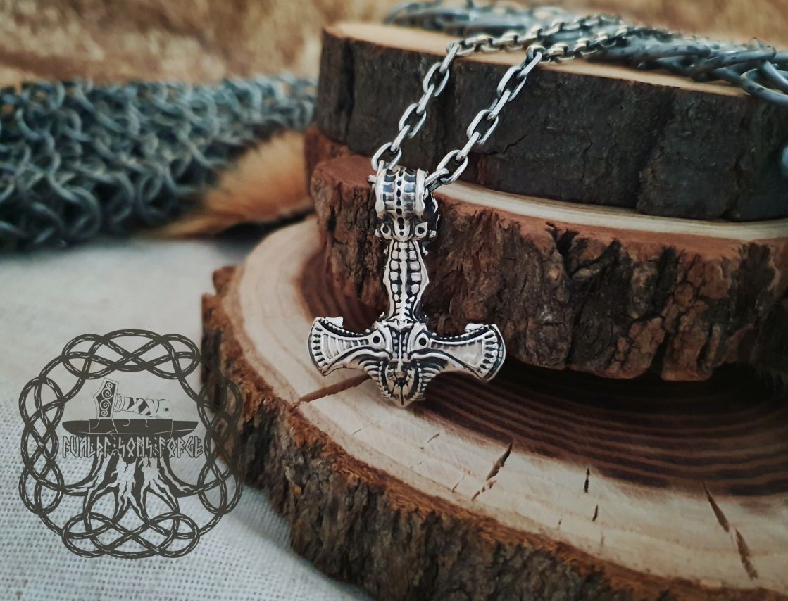 Viking Thor Hammer Necklace. Sterling Silver Skull Mjolnir Pendant.