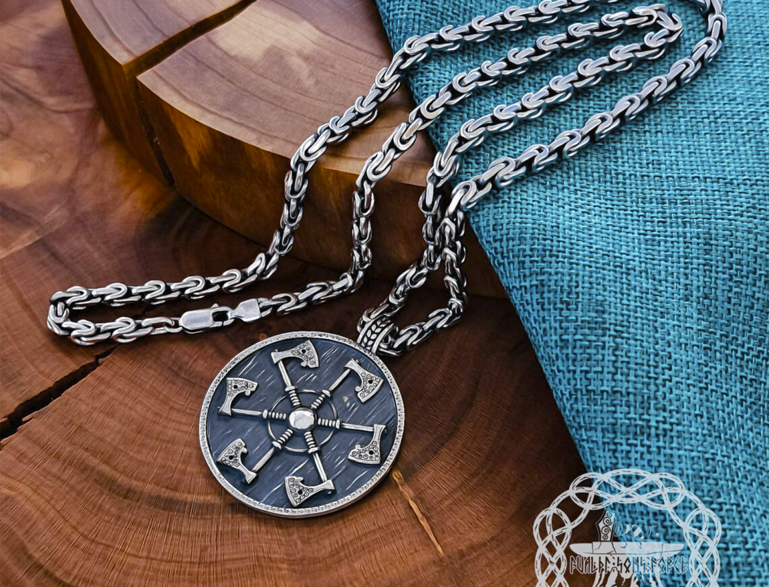 Handmade Sterling Silver Shield Pendant. Viking Axe Necklace.