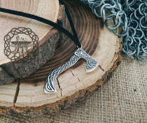 Sterling Silver Viking Axe Necklace. Braided Ornament with Wolf Design.