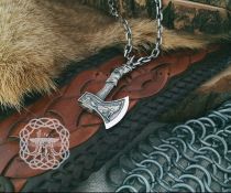 Sterling Silver Norse Axe Pendant. Raven and Wolf Amulet.