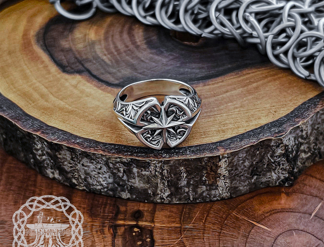 Sterling Silver Wind Rose Signet Ring. Handmade Compass Jewelry.