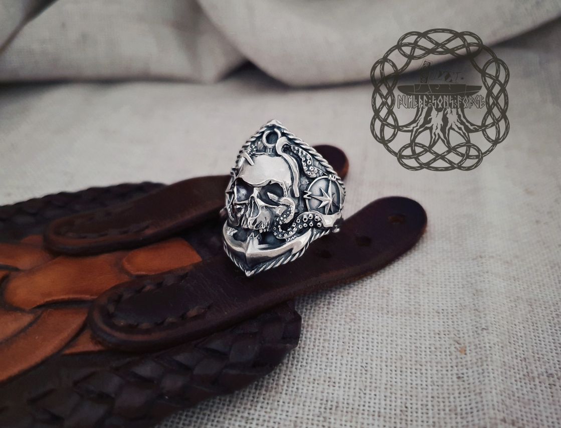 Handmade Sterling Silver Marine Skull Ring. Artisan Wind Rose and Anchor Design.