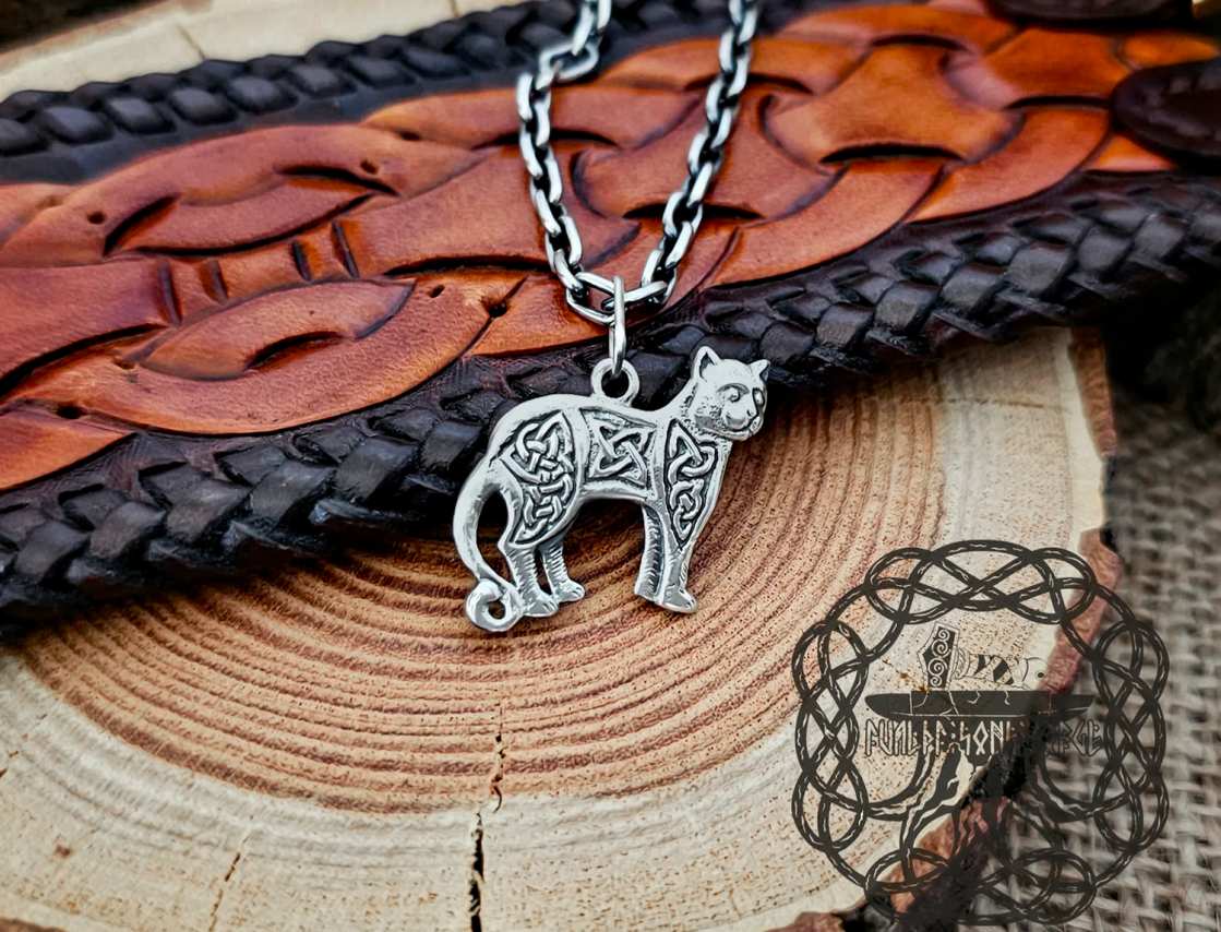 Sterling Silver Mystic Celtic Cat Pendant. Handmade Women Necklace.