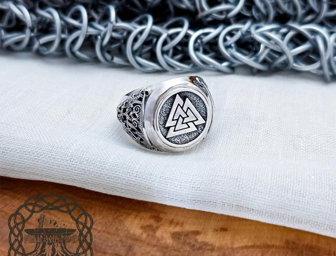Sterling Silver Valknut Ring. Artisan Viking Jewelry.