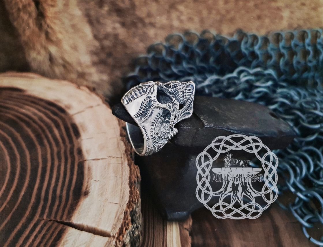 Handmade Sterling Silver Skull Ring. Biker Style Jewelry.
