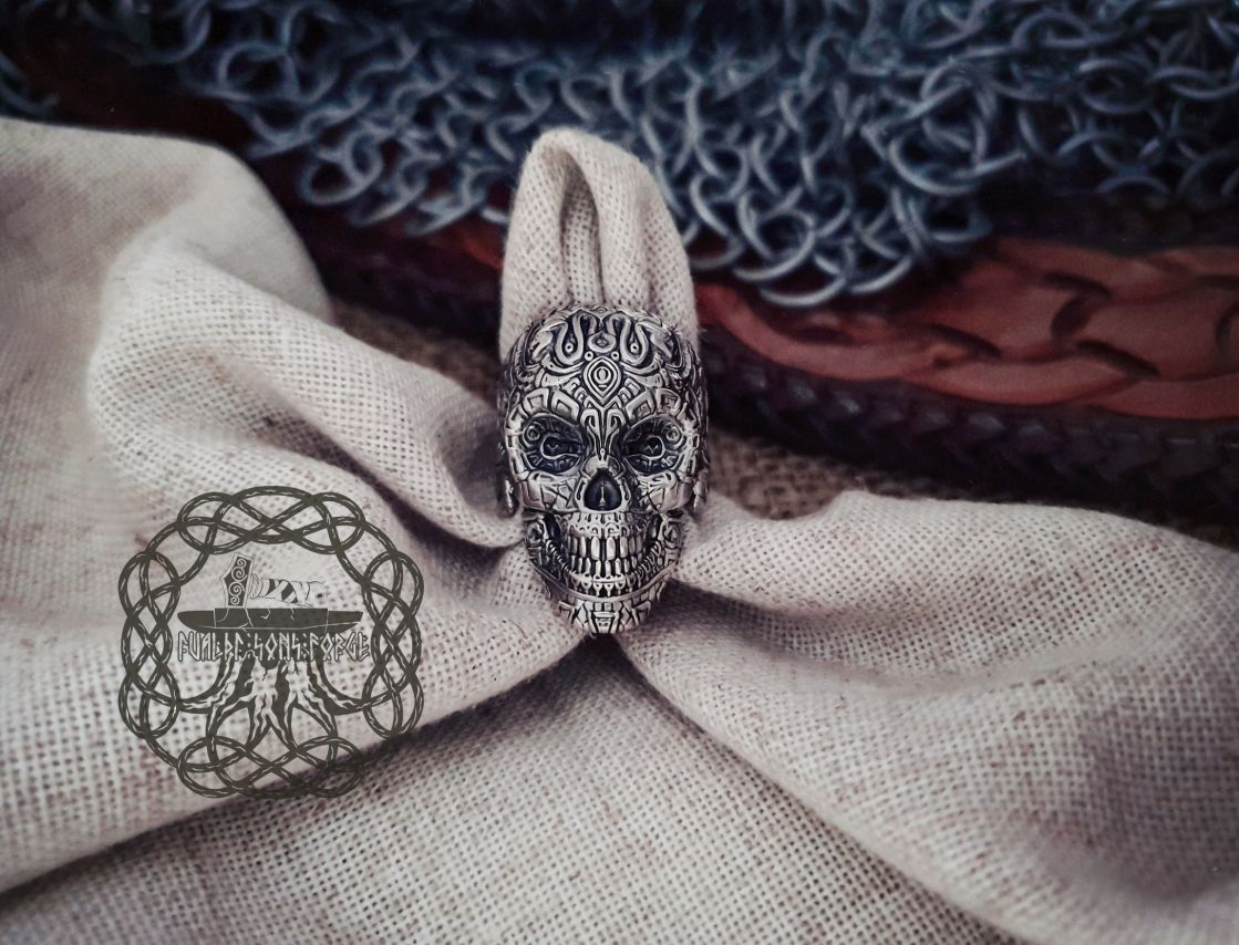 Sterling Silver Aztec Skull Ring. Maya Inspired Biker Design.