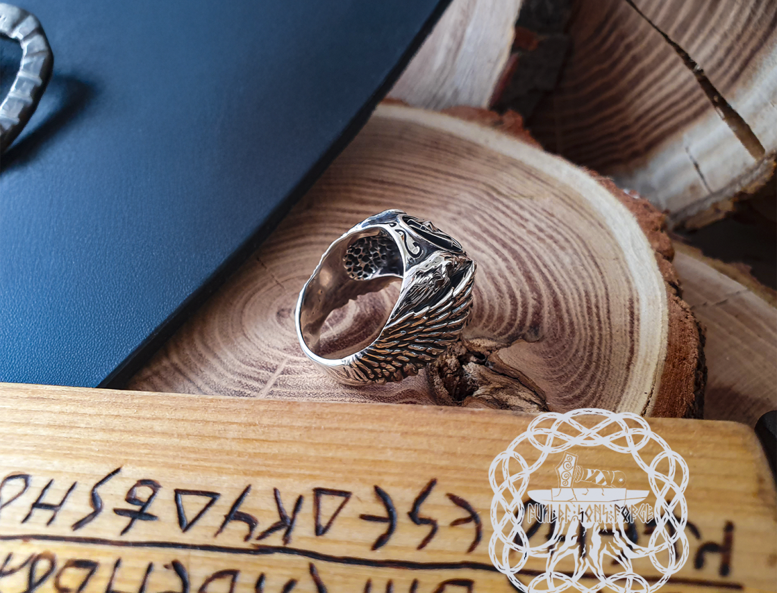 Handcrafted Sterling Silver Odin Skull Ring. Norse Viking Raven Jewelry.