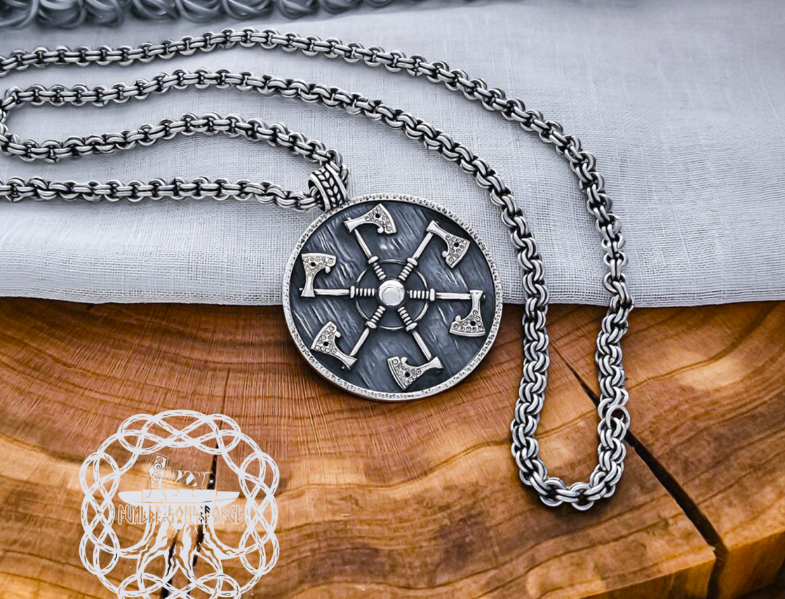 Handmade Sterling Silver Shield Pendant. Viking Axe Necklace.