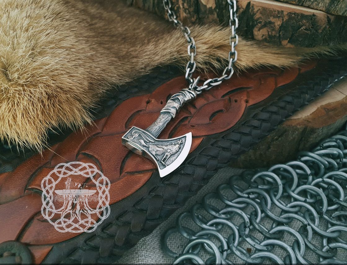 Sterling Silver Norse Axe Pendant. Raven and Wolf Amulet.