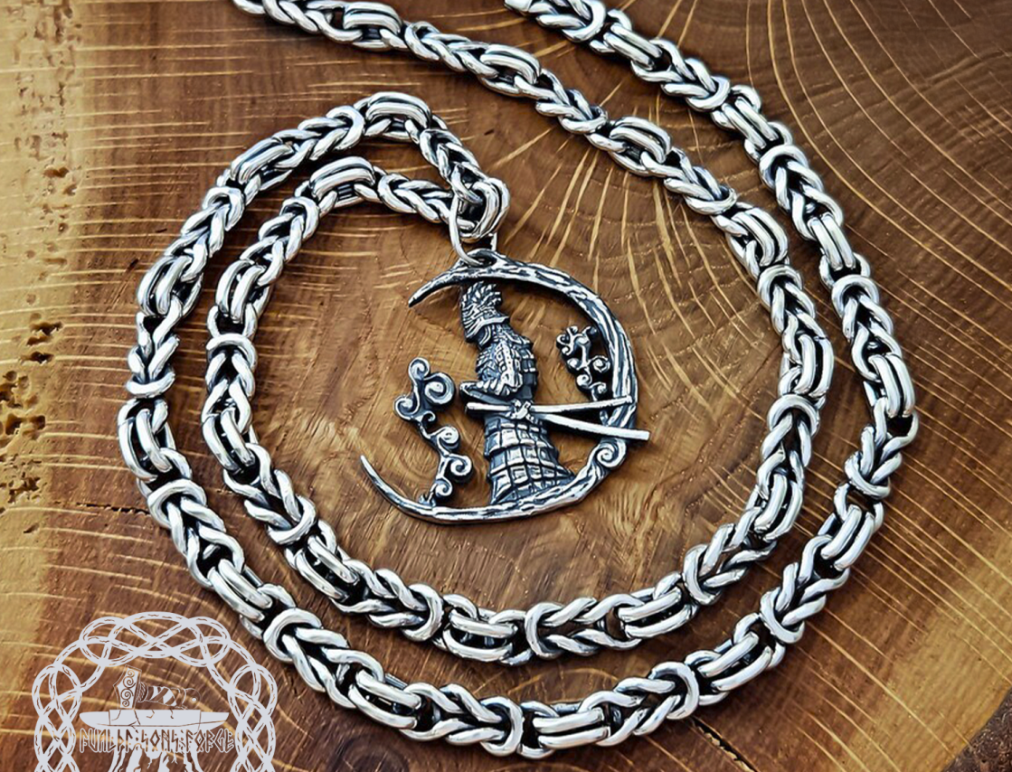 Handmade Sterling Silver Samurai Pendant. Japanese Warrior Half Moon Necklace.