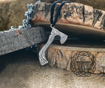 Sterling Silver Viking Axe Necklace. Braided Ornament with Wolf Design.