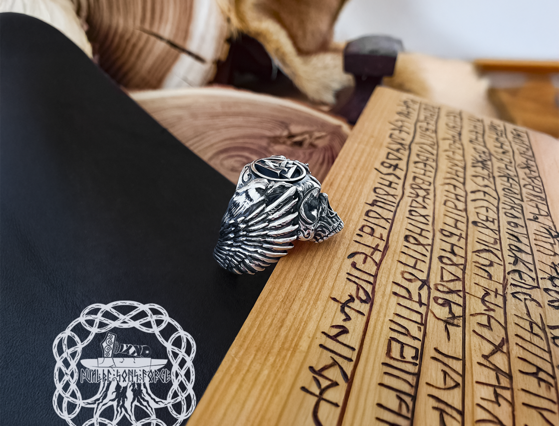 Handcrafted Sterling Silver Odin Skull Ring. Norse Viking Raven Jewelry.