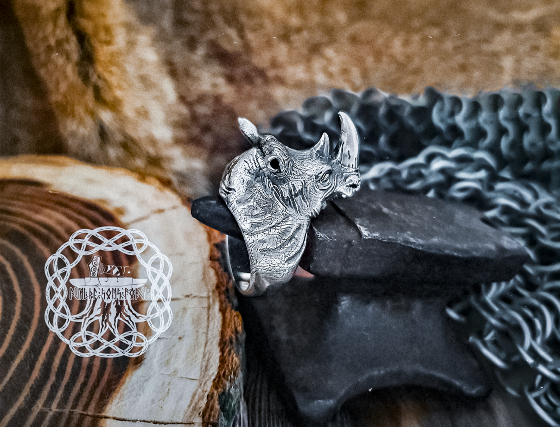 Handmade Sterling Silver Rhinoceros Head Ring. Biker Animal Jewelry.