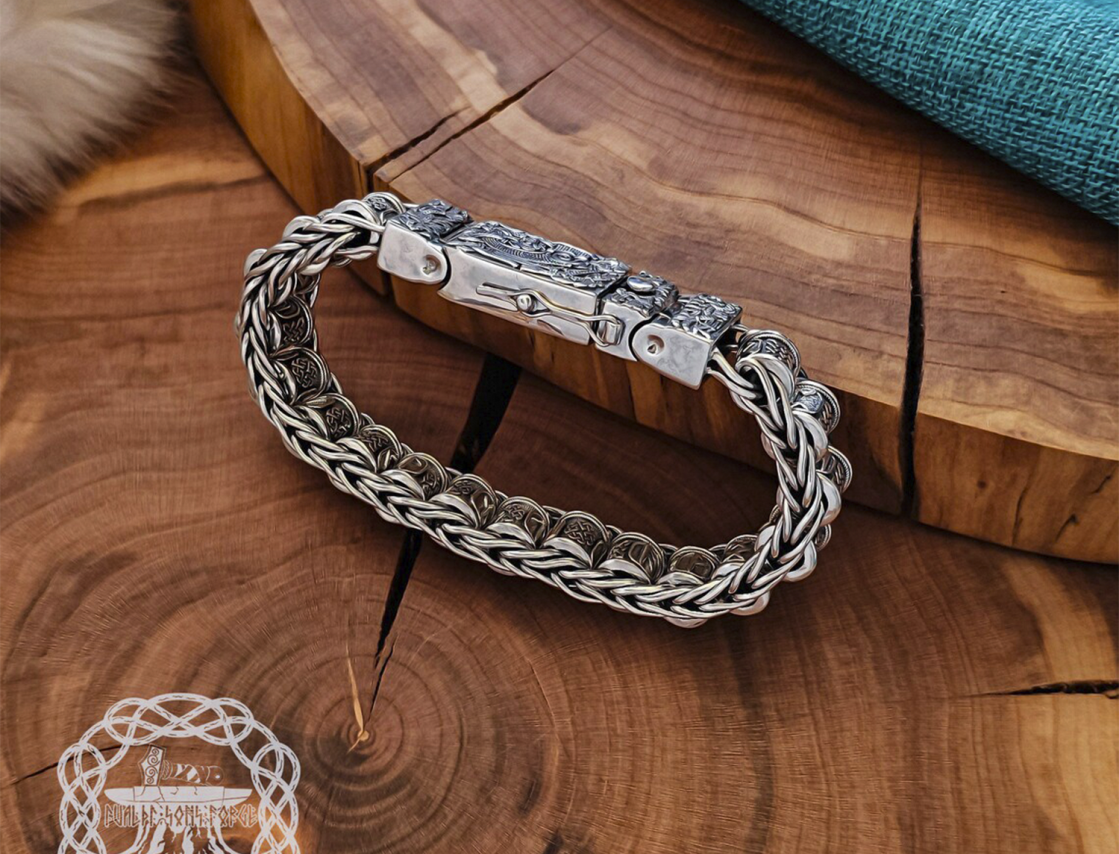 Sterling Silver Rune Bracelet with Cammin Casket Design. Handmade Viking Arm Ring.