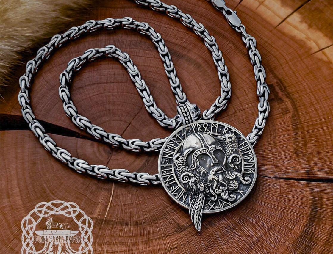 Handmade Sterling Silver Odin Necklace. Viking Raven Design.