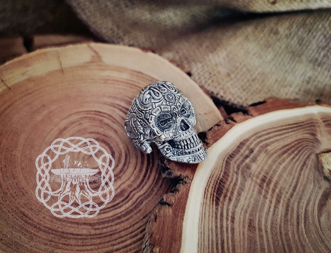 Sterling Silver Aztec Skull Ring. Maya Inspired Biker Design.