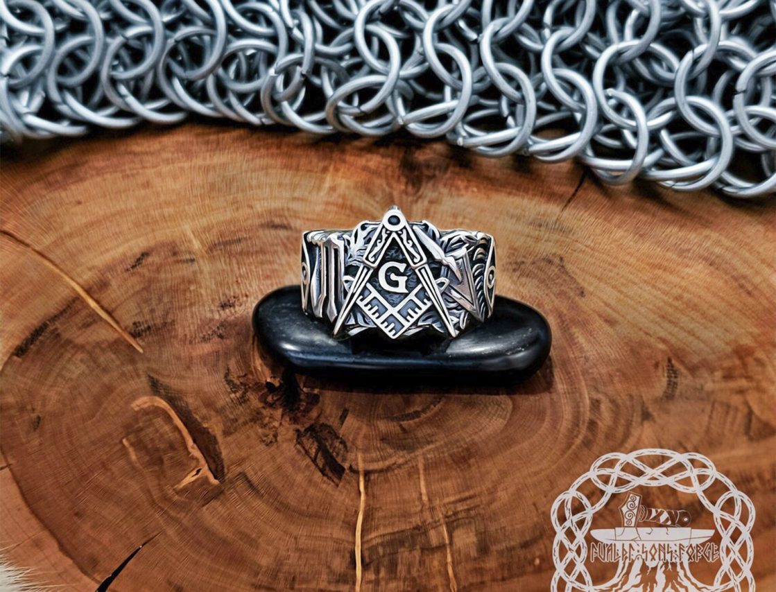 Sterling Silver Masonic Ring. Handcrafted Freemason Symbol Jewelry.