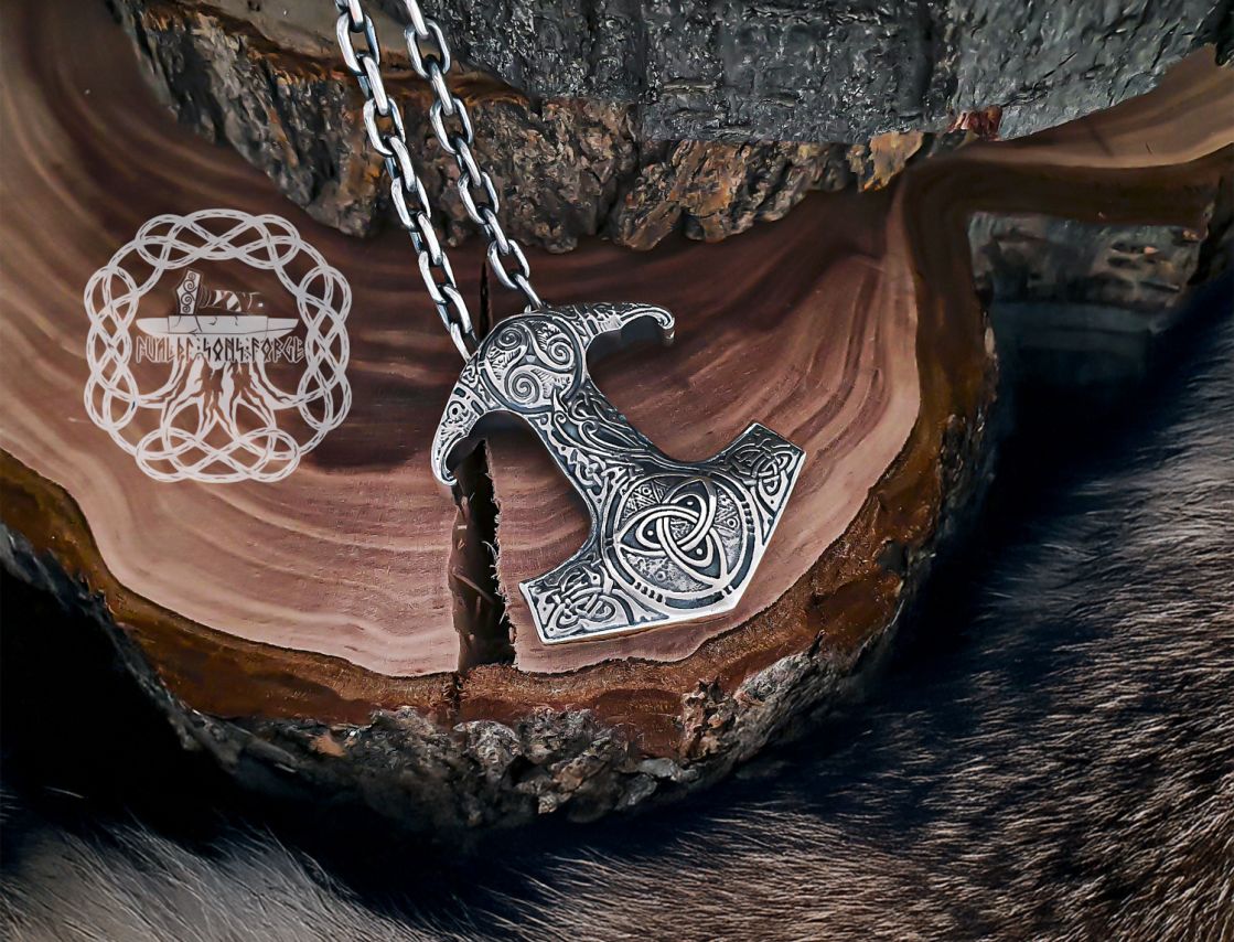 Sterling Silver Viking Thor Hammer Necklace. Mjolnir Pendant with Triquetra.