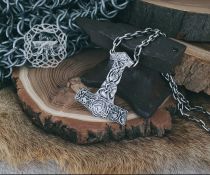 Sterling Silver Viking Mjolnir Necklace. Thor Hammer Pendant with Triskele.