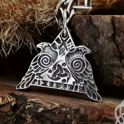 Sterling Silver Odins Ravens Pendant. Featuring Valknut and Odins Horn Symbols.