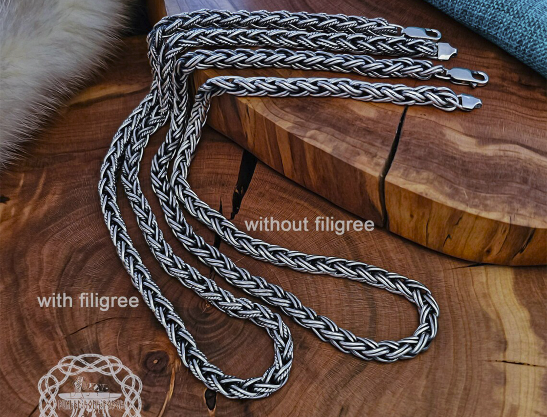 Sterling Silver Filigree Viking Chain. Authentic Handmade Norse Jewelry Necklace.