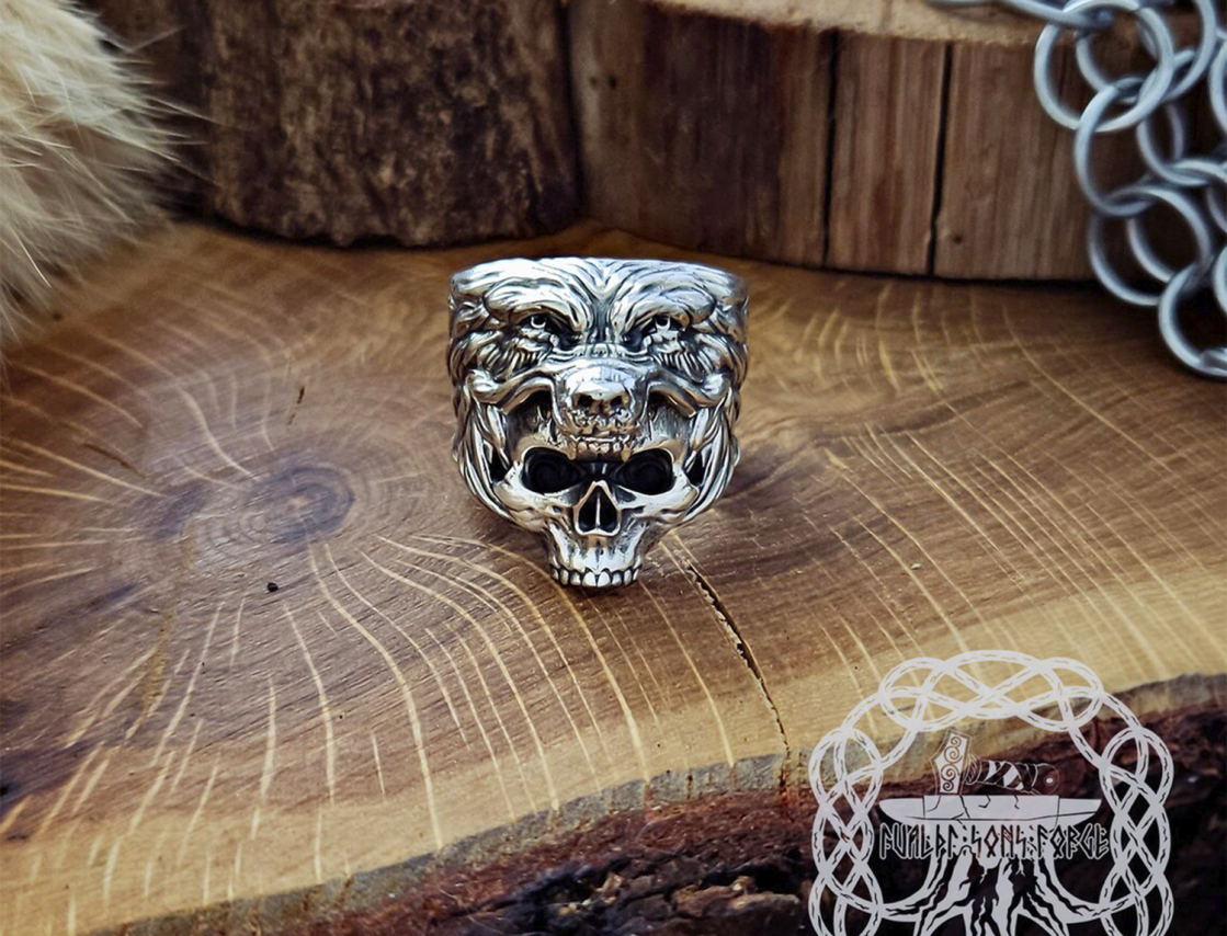 Handmade Viking Wolf Skull Ring. Sterling Silver Ulfhednar Jewelry.