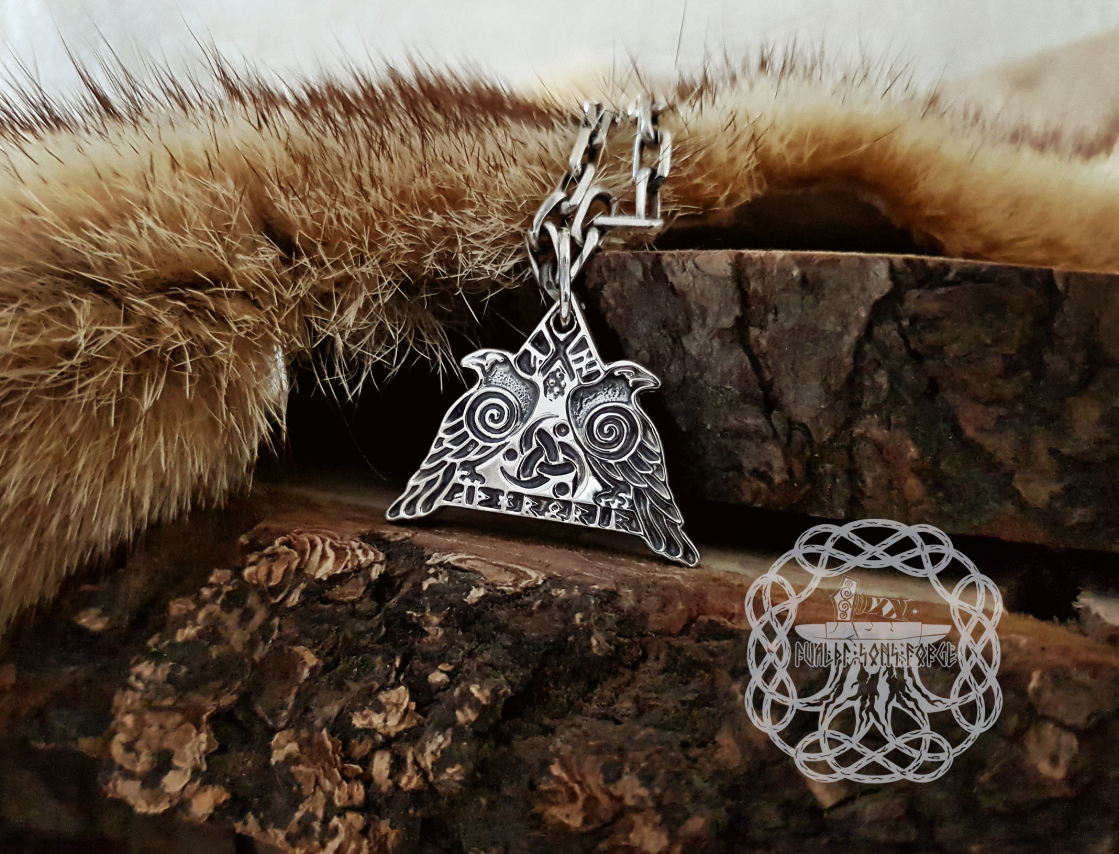 Sterling Silver Odins Ravens Pendant. Featuring Valknut and Odins Horn Symbols.