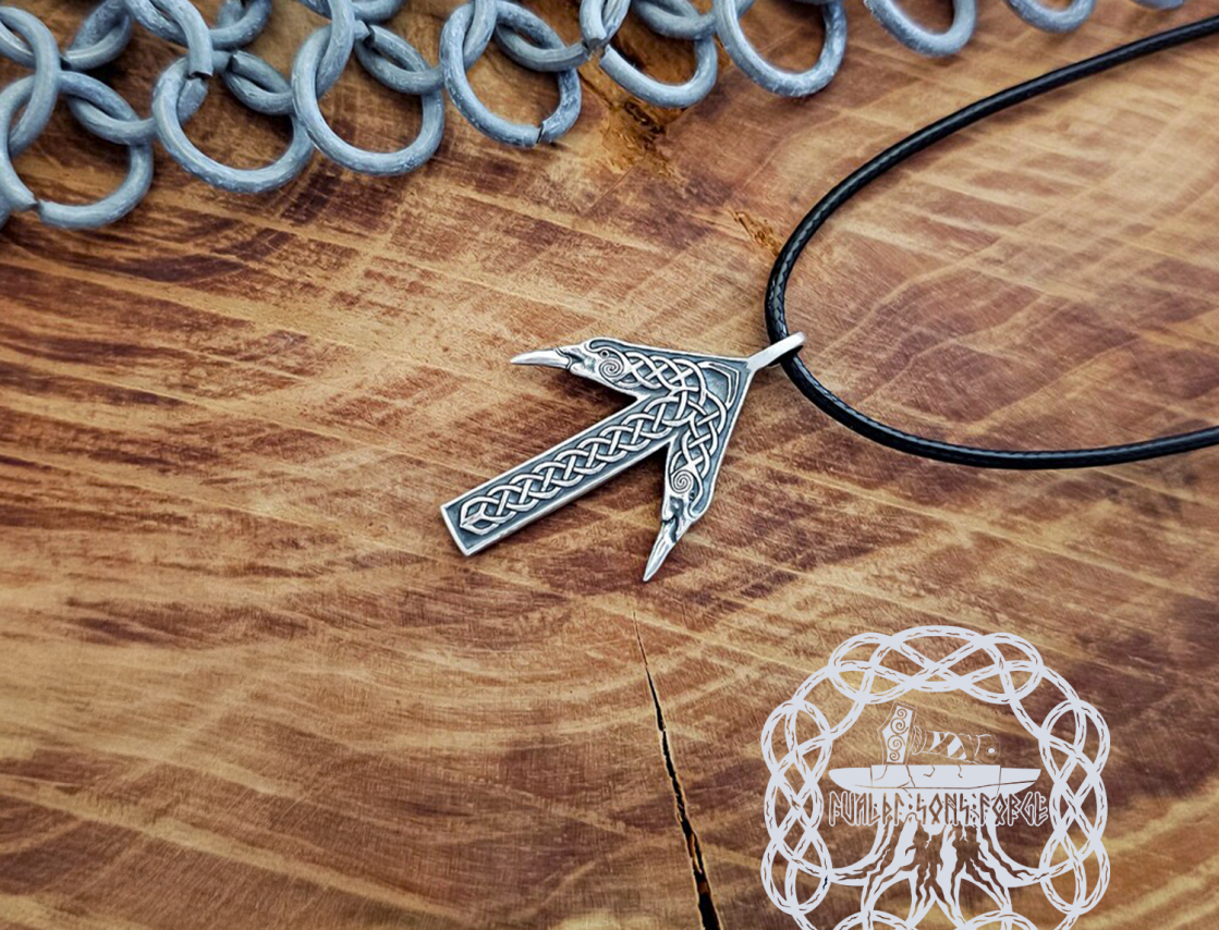 Handmade Sterling Silver Tiwaz Rune Pendant. Viking Raven Norse Necklace.