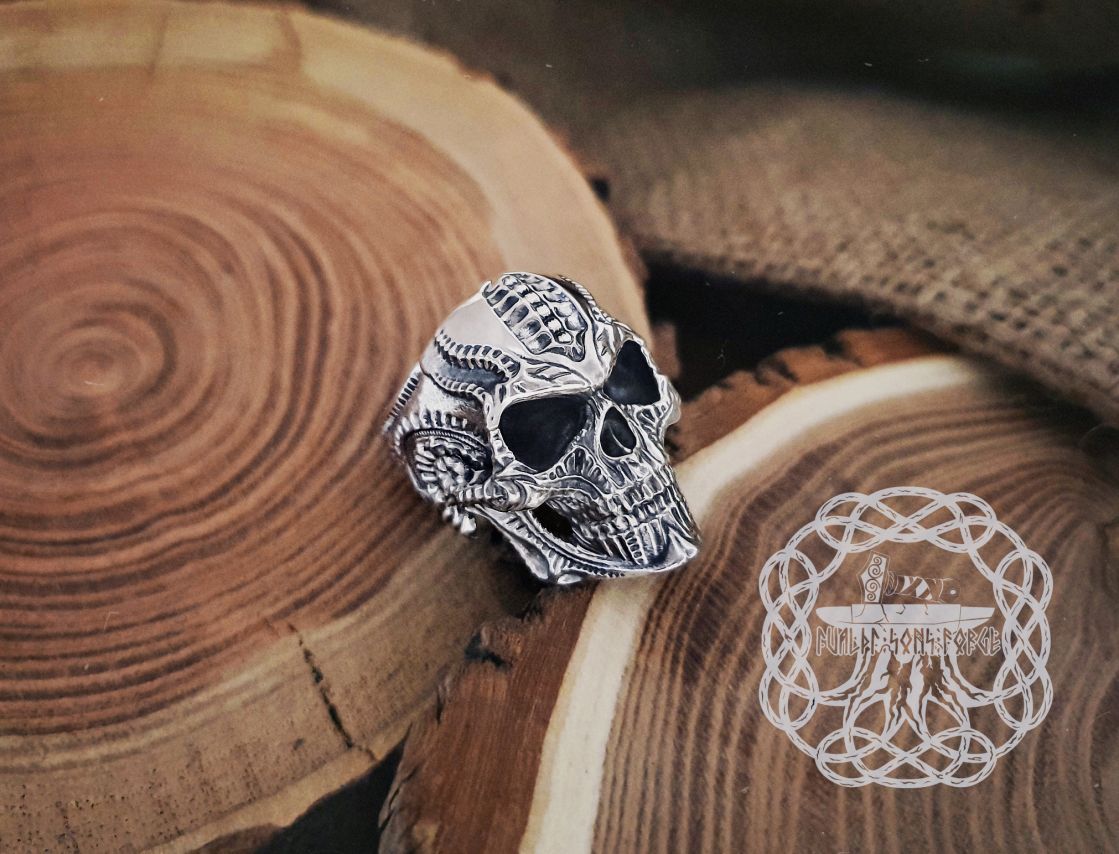 Handmade Sterling Silver Skull Ring. Biker Style Jewelry.