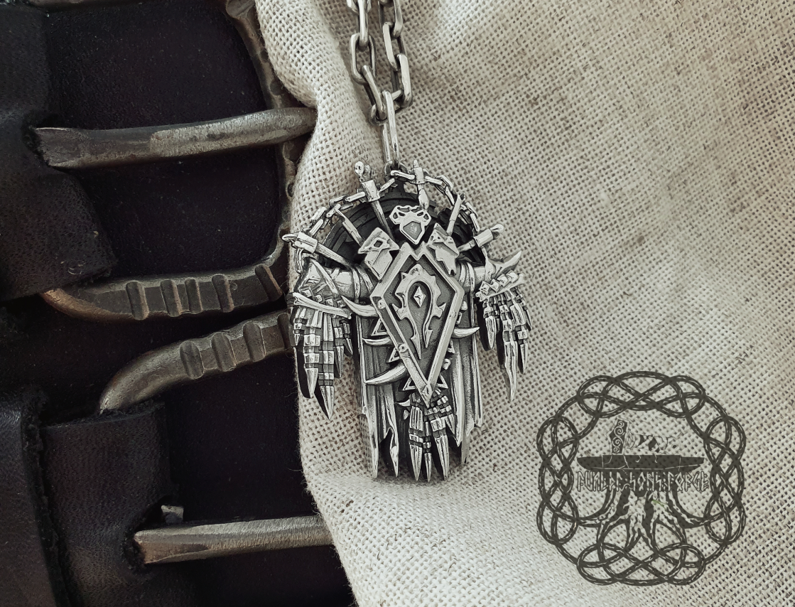 Sterling Silver Warcraft Horde Pendant. Handmade Orc Necklace.