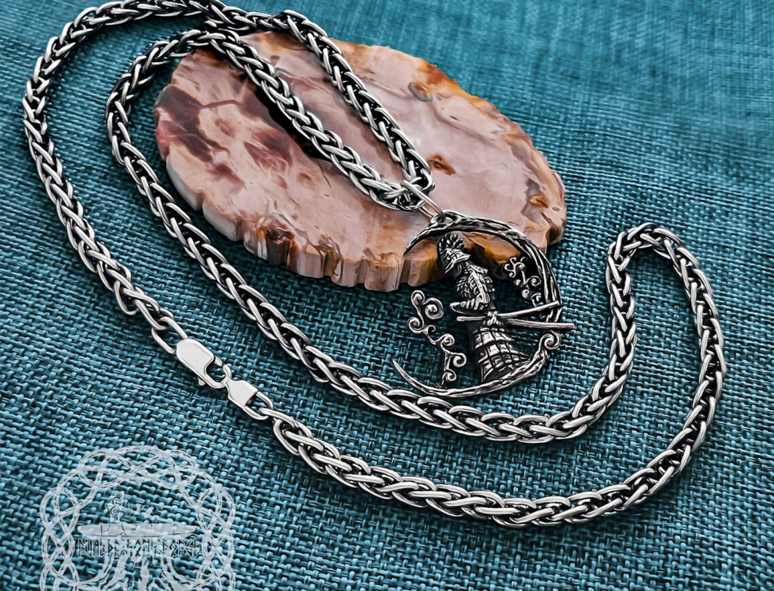Handmade Sterling Silver Samurai Pendant. Japanese Warrior Half Moon Necklace.