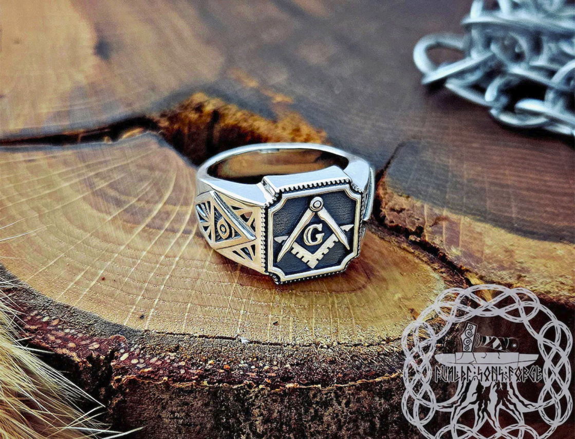 Handmade Sterling Silver Masonic Ring. Freemason Symbol Jewelry.