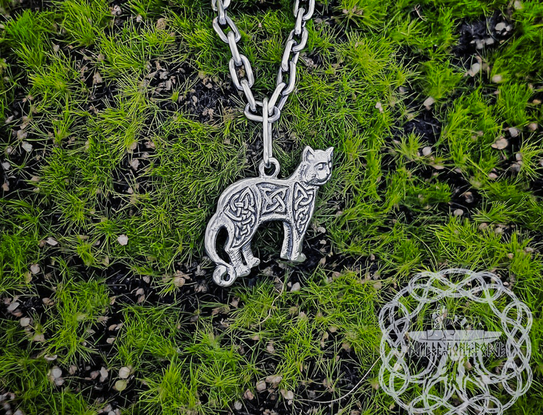 Sterling Silver Mystic Celtic Cat Pendant. Handmade Women Necklace.