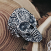 Handmade Silver Skull Ring. Floral Detailing Biker Style Jewelry.