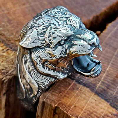 Sterling Silver Tiger Head Ring. Handmade Animal Jewelry.