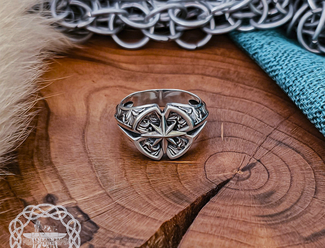 Sterling Silver Wind Rose Signet Ring. Handmade Compass Jewelry.