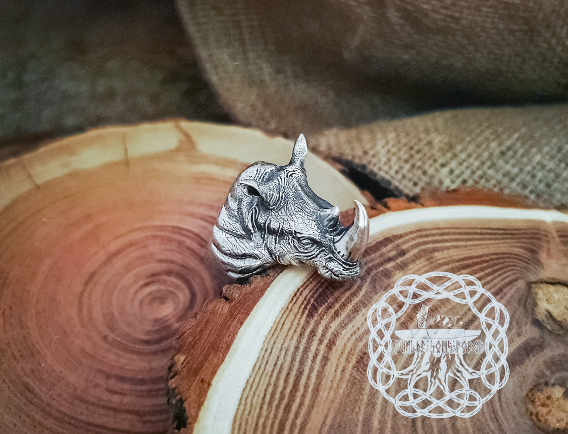Handmade Sterling Silver Rhinoceros Head Ring. Biker Animal Jewelry.