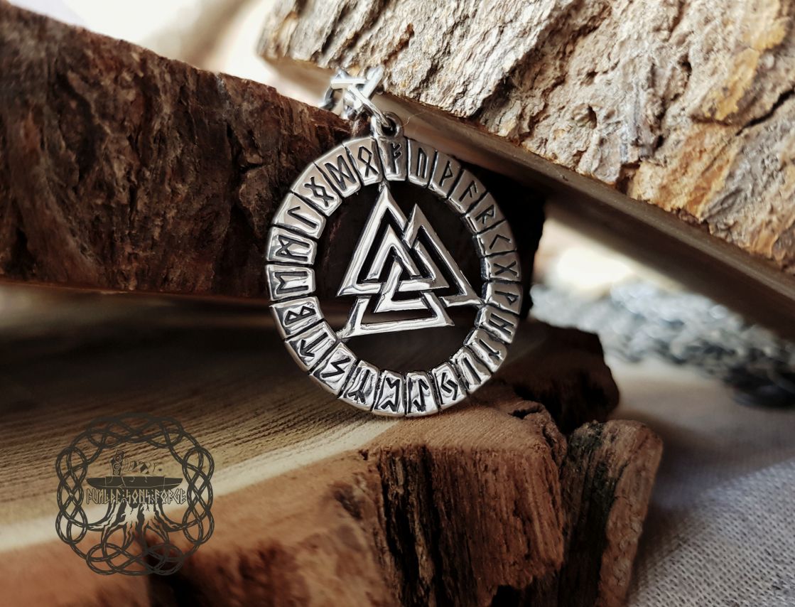Handmade Sterling Silver Valknut Pendant. Norse Runic Necklace.