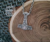 Sterling Silver Viking Mjolnir Necklace. Thor Hammer Pendant with Triskele.