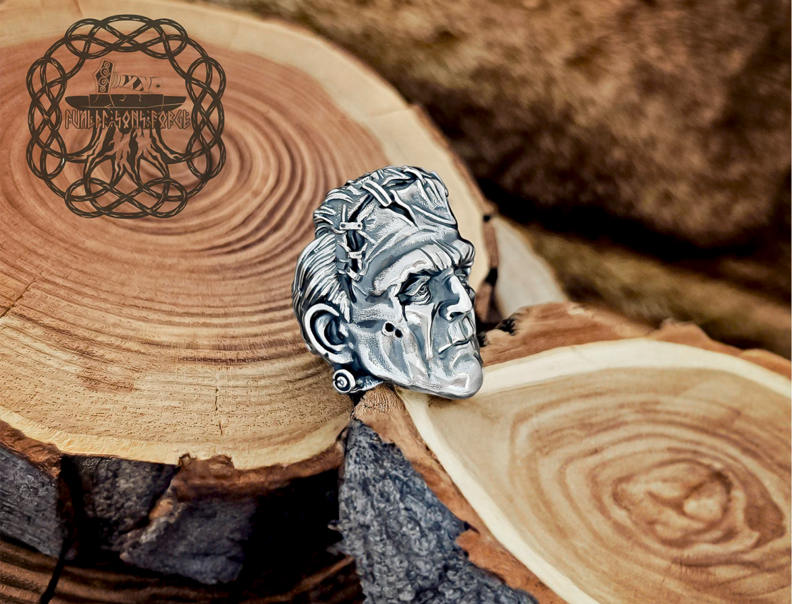 Handmade Sterling Silver Frankenstein Ring. Gothic Inspired Jewelry.