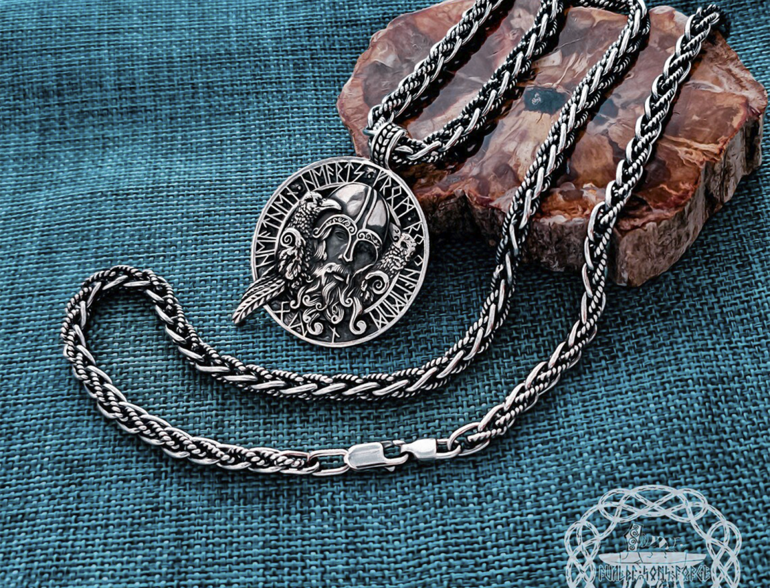 Handmade Sterling Silver Odin Necklace. Viking Raven Design.